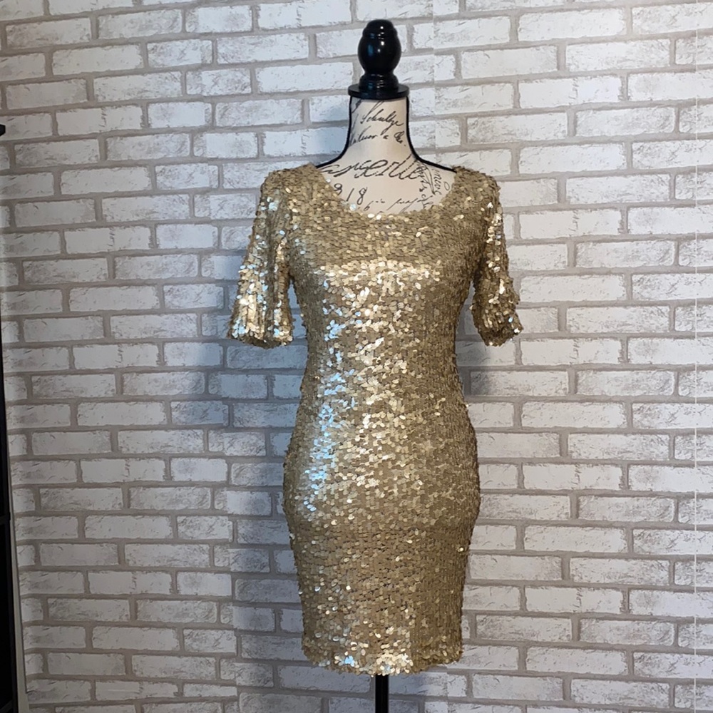 Ark & Co Gold Sequin Cocktail Dress Short Sleeve Party Midi Size S NWT - Picture 5 of 6